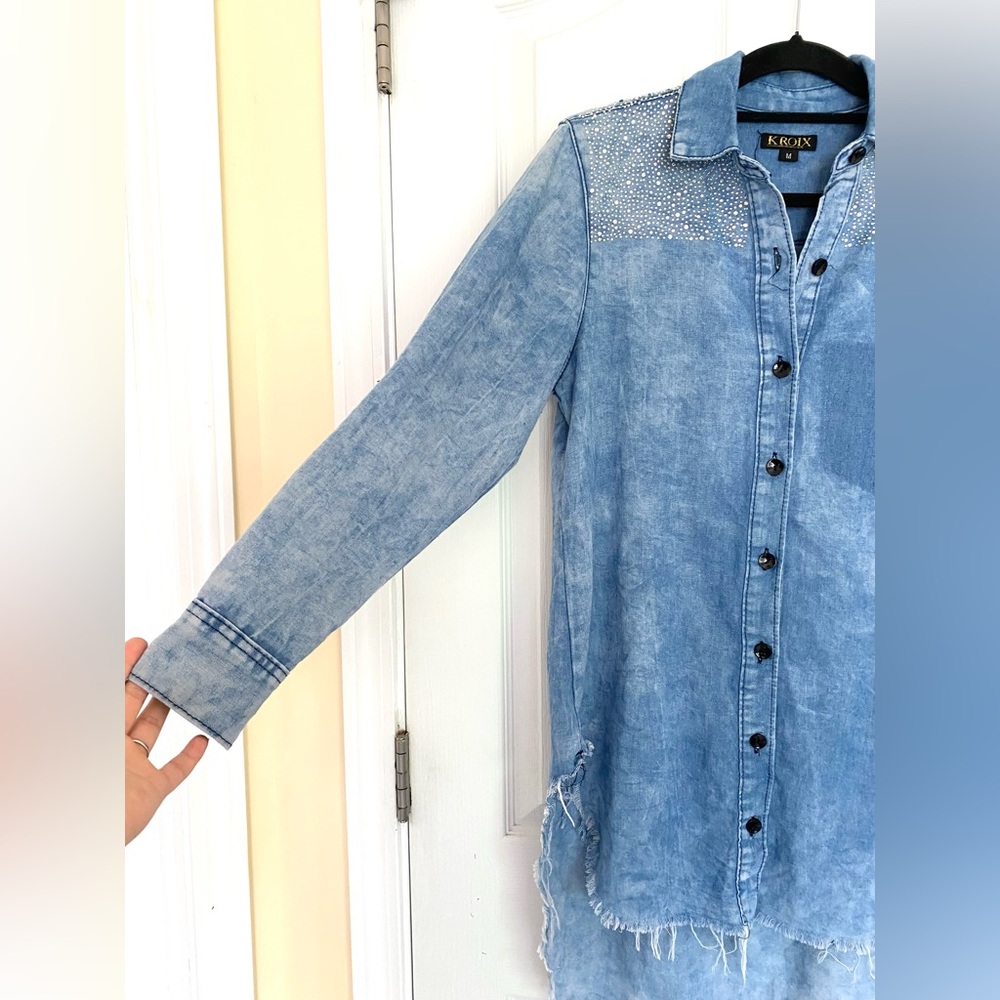 KROIX Cotton Rhinestones Details Raw Hem Hi Lo Denim Button-Up Shirt Dress Sz M - Picture 9 of 17
